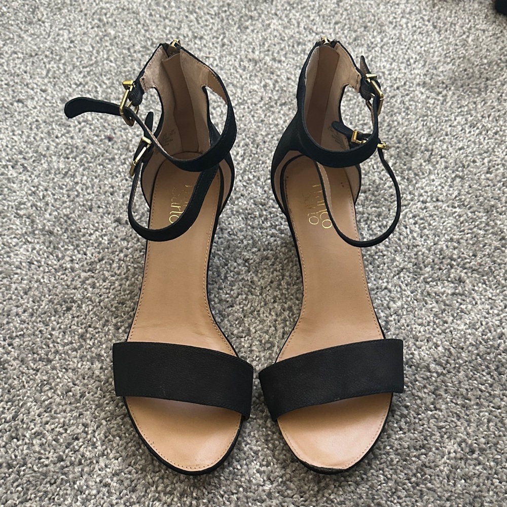 Franco Sarto Black Open-Toe Ankle-Strap low wedge sandal
